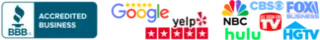 BBB Accredited Business, Google and Yelp 5-star ratings, and as seen on NBC, CBS, Fox Business, Hulu, and HGTV